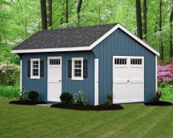 Deluxe pained quaker shed in wedgewood blue and white trim.