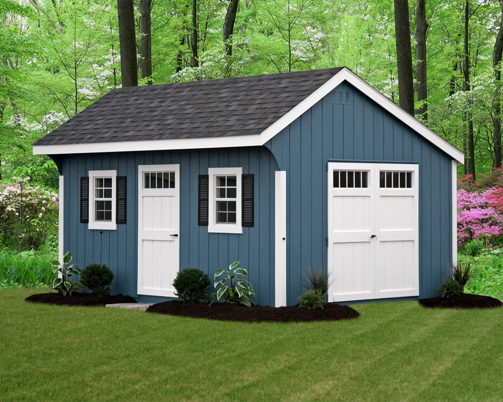 Deluxe pained quaker shed in wedgewood blue and white trim.