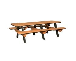 Light brown picnic table with black legs.