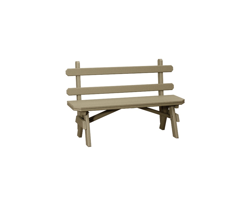 Light brown garden bench with back.