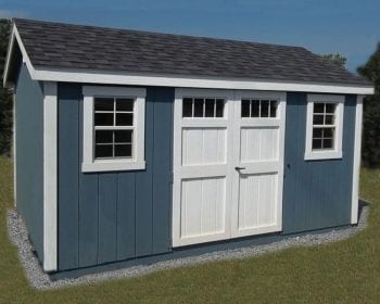 Blue A-frame shed with white doors and windows and a gray roof.