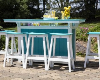 Outdoor island and saddle bar stools with blue tops and white legs.