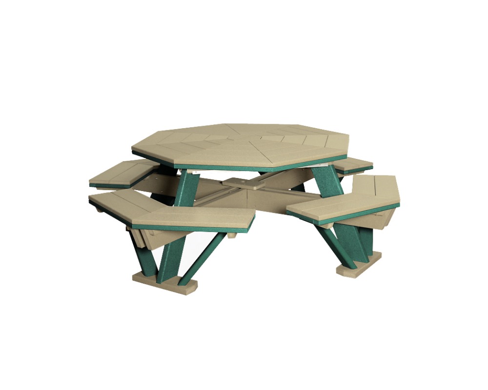 Octagon shaped tan picnic table with attached bench seats and green legs.