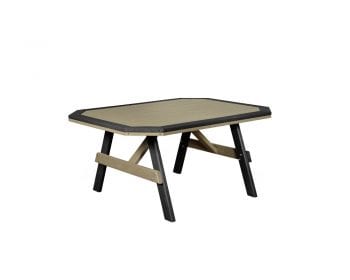 Beige outdoor table with a black boarder and legs.