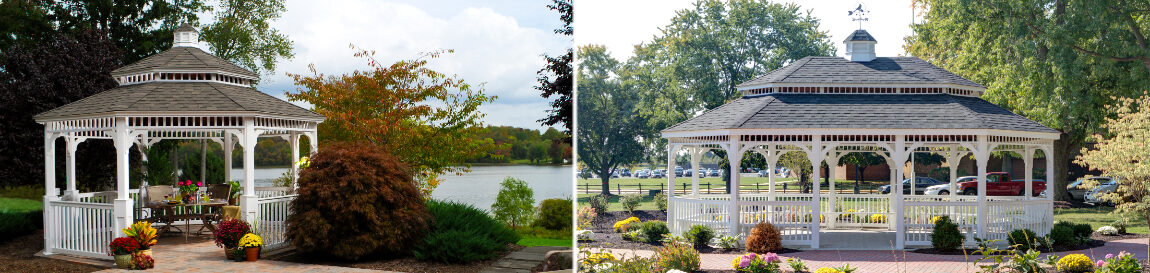 Two images of white gazebos with pagoda roofs.