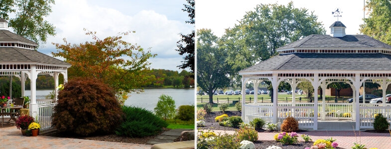 Two images of white gazebos with pagoda roofs.