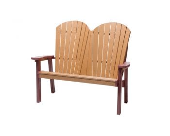 Brown SeaAira Adirondack bench with maroon arm rests.