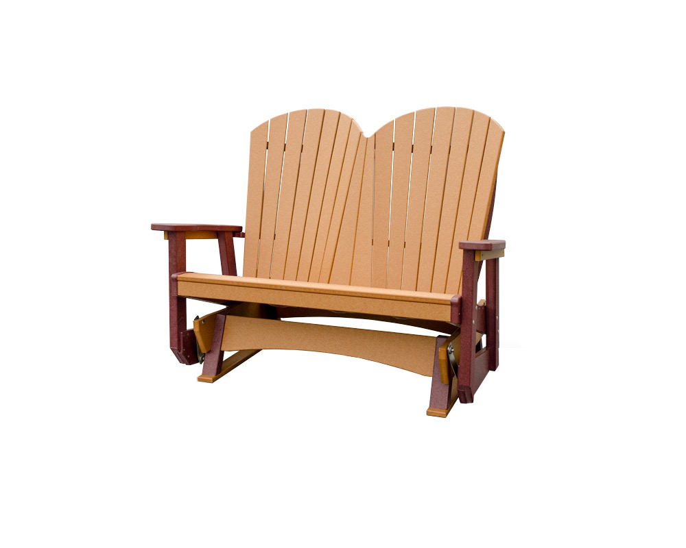Light brown SeaAira Adirondack double glider bench with maroon accents.
