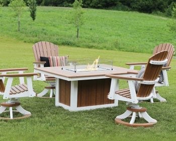 Brown Donoma rectangular fire pit and chairs with white accents.