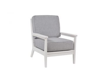 White Mayhew club poly chair with gray cushions.