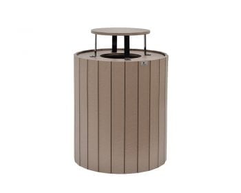 Brown round trash can with rain guard.