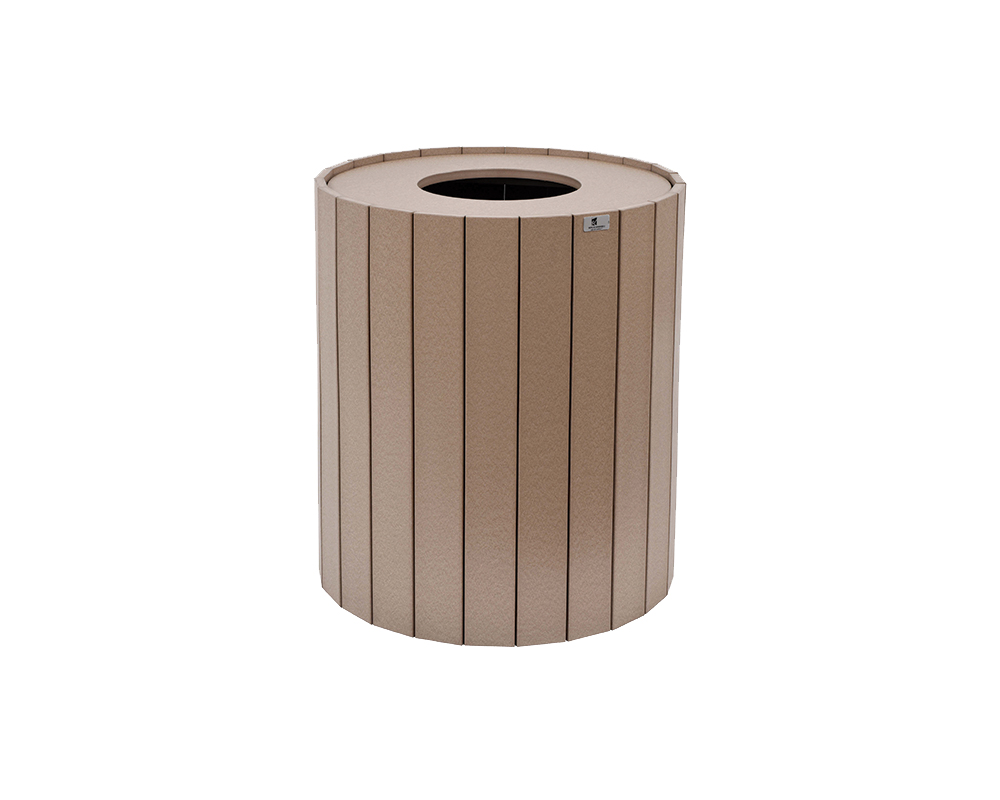 Light brown round trash can.