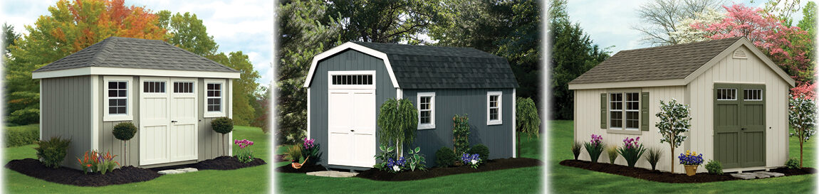 Painted Deluxe Provincial Shed, Painted Deluxe Dutch Barn, Painted Deluxe Cape Cod Shed.
