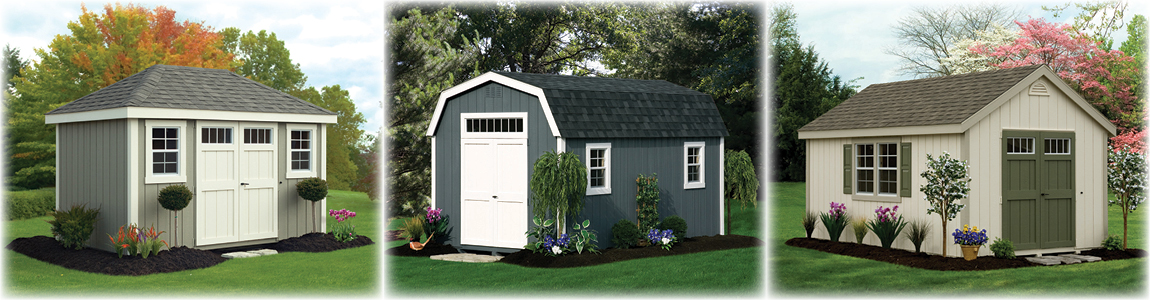 Painted Deluxe Provincial Shed, Painted Deluxe Dutch Barn, Painted Deluxe Cape Cod Shed.