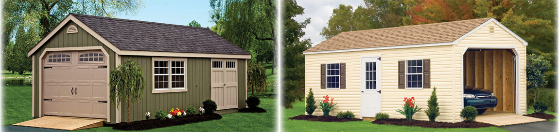 Deluxe Painted Cape Cod Garage, Standard Vinyl A-Frame Garage.