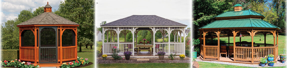 Octagon Wooden Gazebo, Rectangular Vinyl Gazebo, Oval Wooden Gazebo.