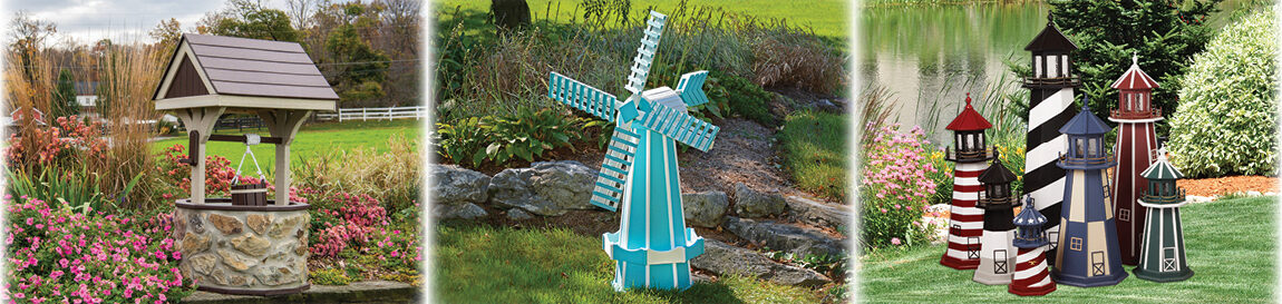 Birchwood & Brown Wishing Well with Stone, Aruba Blue & White Windmill, Group of colorful lighthouses.