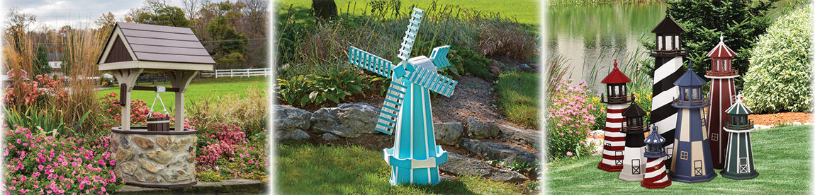 Birchwood & Brown Wishing Well with Stone, Aruba Blue & White Windmill, Group of colorful lighthouses.