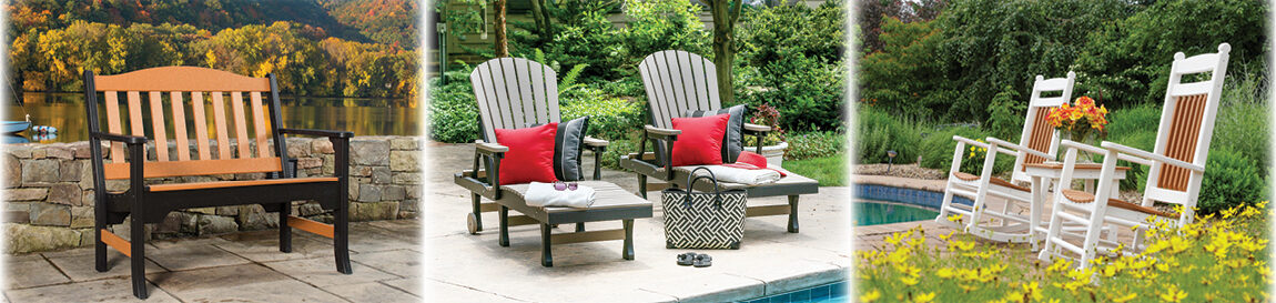 Avonlea Garden Bench, Comfo Back Chaise Lounges, Zinn's Mill Rocking Chairs.