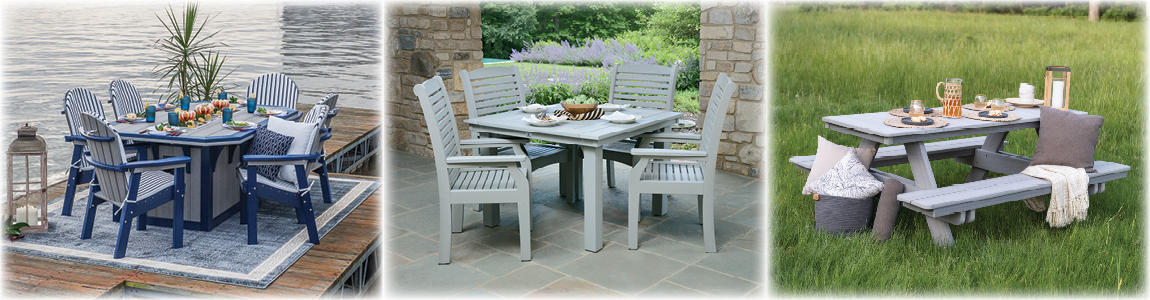 Summerside Ice Table with Great Bay Dining Chairs, Homestead Table with Classic Terrace Chairs, Berlin Gardens Rectangular Picnic Table. 