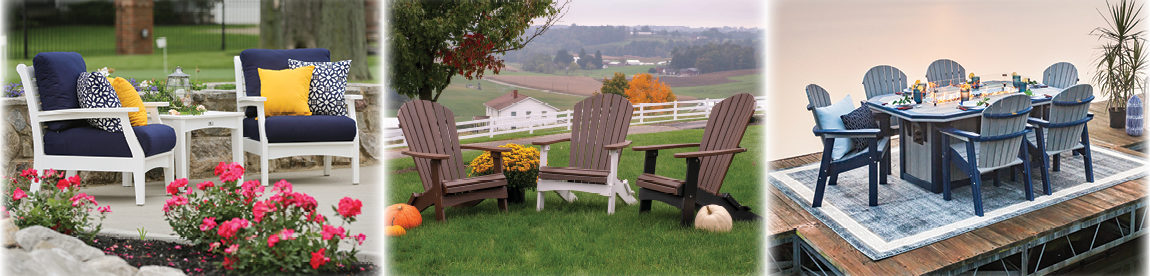 Classic Terrace Chairs, Adirondack Chairs, Summerside Fire Table Set.