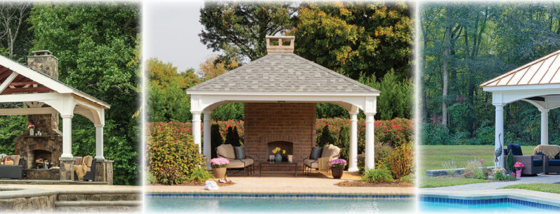 A-Frame Vinyl Pavilion, Traditional Vinyl Pavilion, Hampton Vinyl Pavilion.