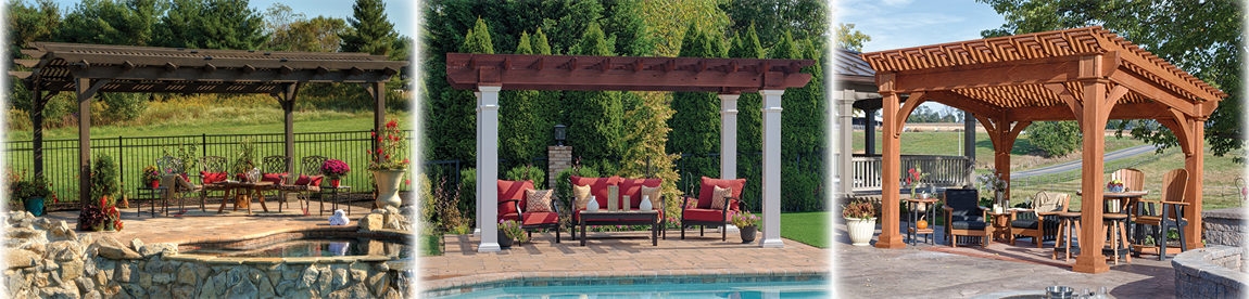 Hearthside Wooden Pergola with Cinder Stain, Artisan Wooden Pergola with Mahogany Top, Santa Fe Pine Pergola.