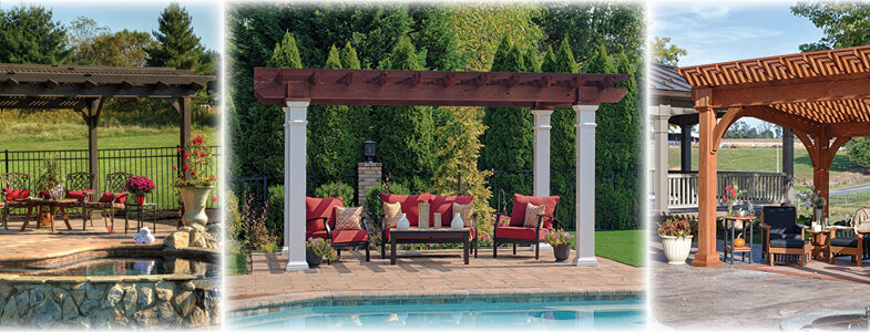 Hearthside Wooden Pergola with Cinder Stain, Artisan Wooden Pergola with Mahogany Top, Santa Fe Pine Pergola.