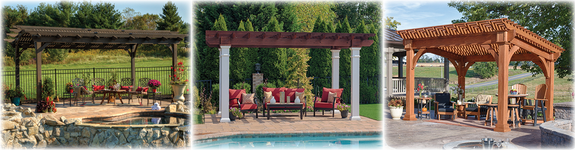 Hearthside Wooden Pergola with Cinder Stain, Artisan Wooden Pergola with Mahogany Top, Santa Fe Pine Pergola.