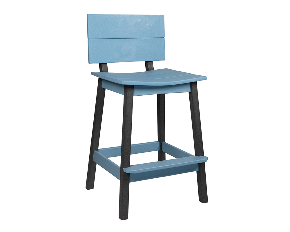 Saddle Bar Stool w_ Back, Dark Gray & Powder Blue.