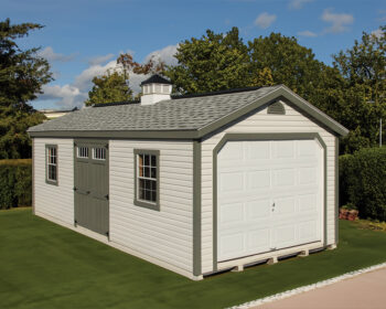 Lantz Deluxe A-Frame Garage with linen siding and avocado green accents and side doors with cupola.