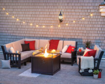 Mission Sectional Sofa & Glider w_ SeaAira Square Fire Pit.