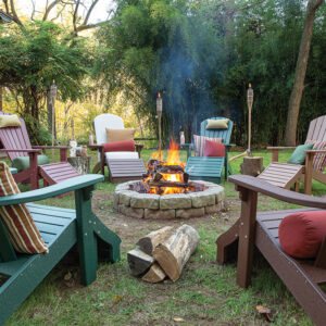 SeaAira Adirondack Chairs Around Fire w_ Cushions, Pillows, & Cupholders.